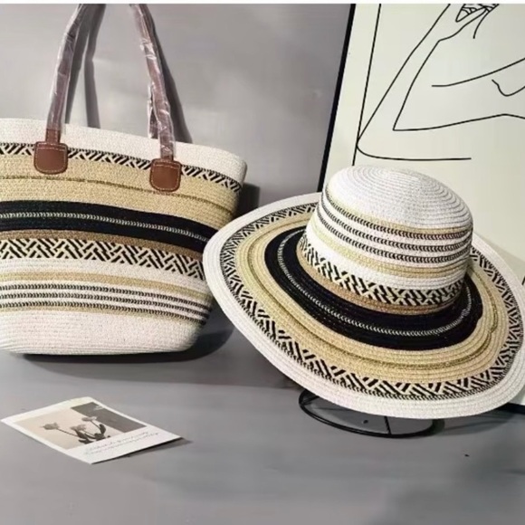 Accessories - Striped Straw Tote and Wide-Brim Hat Set - Natural, Brown, Black